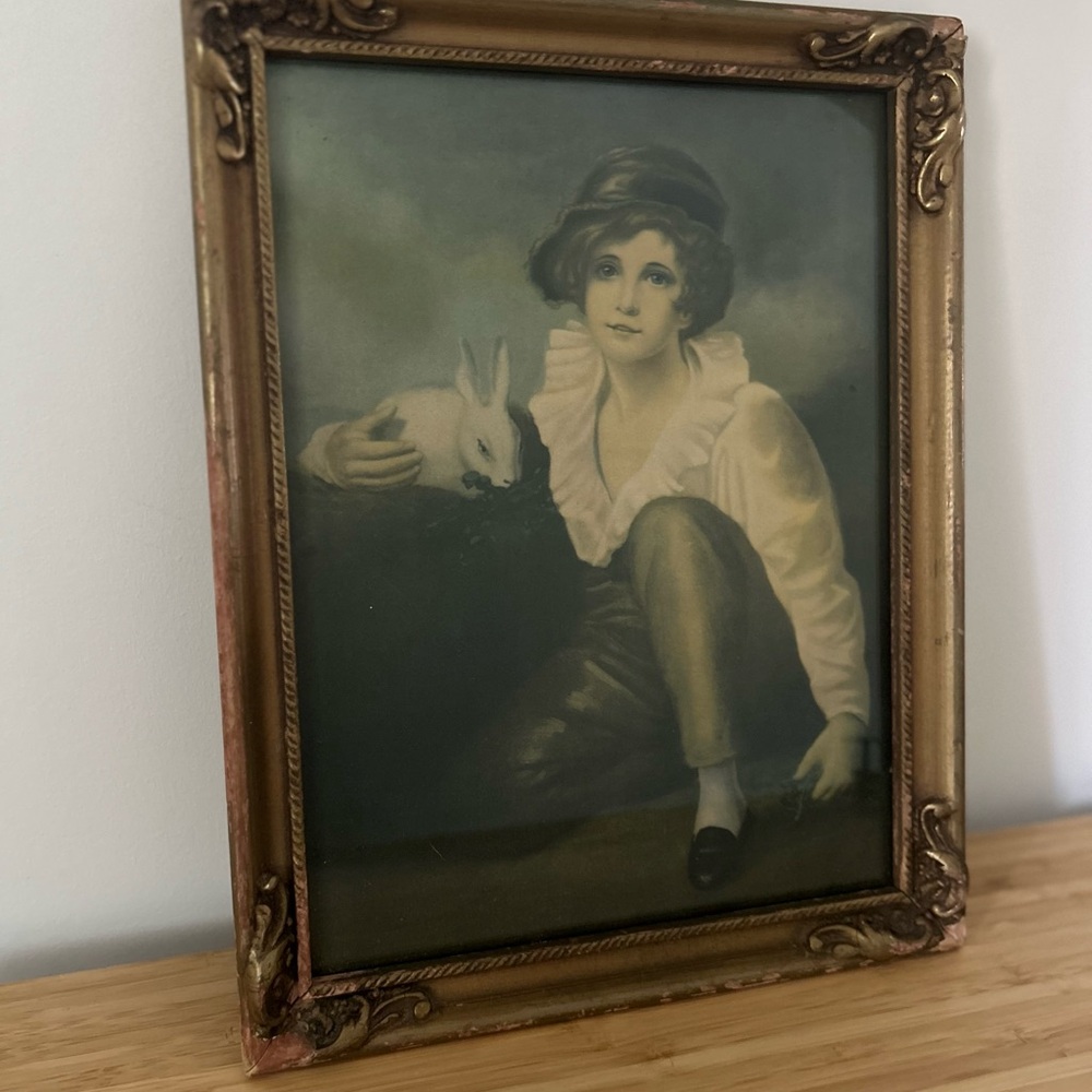 Antique Framed Lithograph of Boy with Rabbit